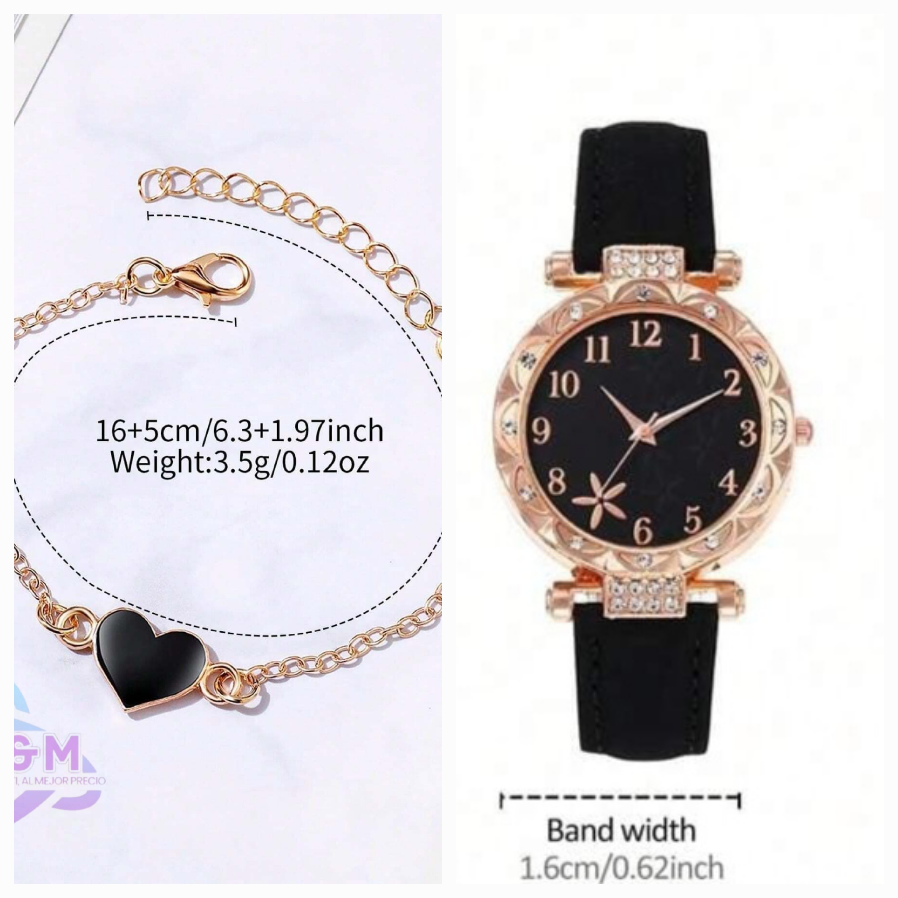 RELOJ NEGRO SENCILLO  CON PULSERA DE CORAZON NEGRA R51